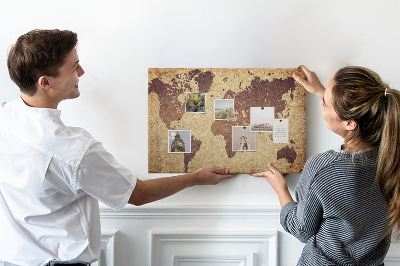 Korktafel mit Motiv einer antiken Weltkarte in Brauntönen