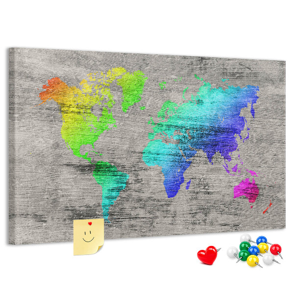 Weltkarte mit Korkrückwand bunte Ausführung auf grauem Hintergrund