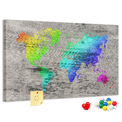 Weltkarte mit Korkrückwand bunte Ausführung auf grauem Hintergrund