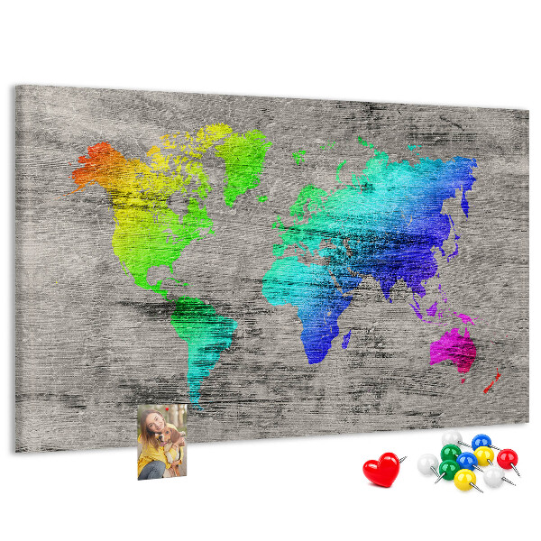 Weltkarte mit Korkrückwand bunte Ausführung auf grauem Hintergrund