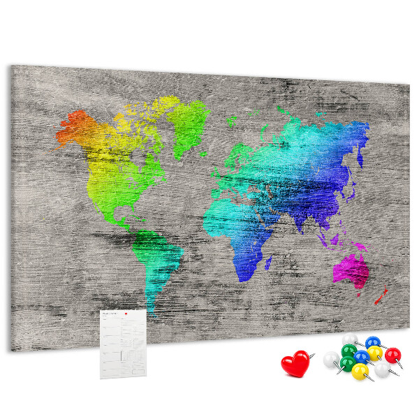 Weltkarte mit Korkrückwand bunte Ausführung auf grauem Hintergrund