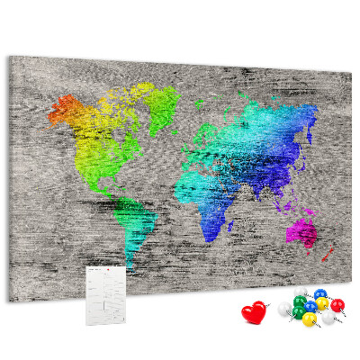 Weltkarte mit Korkrückwand bunte Ausführung auf grauem Hintergrund