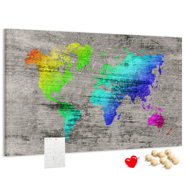 Weltkarte mit Korkrückwand bunte Ausführung auf grauem Hintergrund