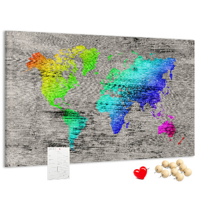 Weltkarte mit Korkrückwand bunte Ausführung auf grauem Hintergrund