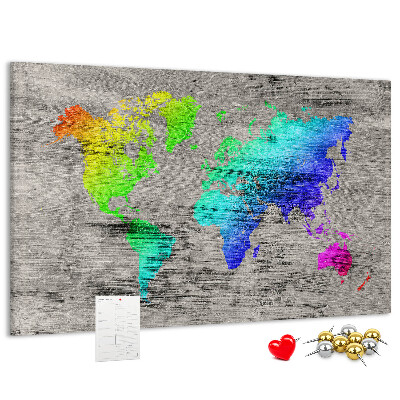Weltkarte mit Korkrückwand bunte Ausführung auf grauem Hintergrund