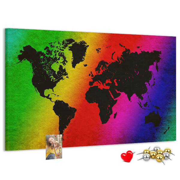 Korktafel mit Weltkartenmotiv in Regenbogenfarben