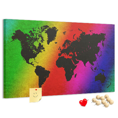 Korktafel mit Weltkartenmotiv in Regenbogenfarben