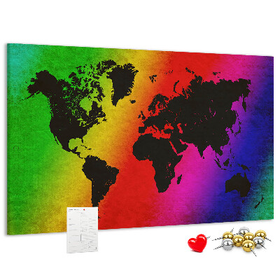 Korktafel mit Weltkartenmotiv in Regenbogenfarben