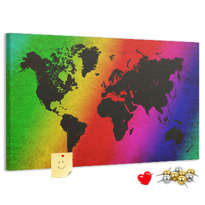 Korktafel mit Weltkartenmotiv in Regenbogenfarben