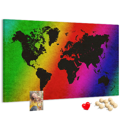 Korktafel mit Weltkartenmotiv in Regenbogenfarben