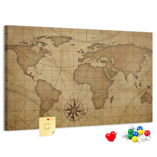 Korktafel mit Motiv einer antiken Weltkarte mit Kompass