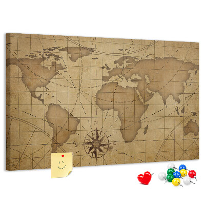 Korktafel mit Motiv einer antiken Weltkarte mit Kompass
