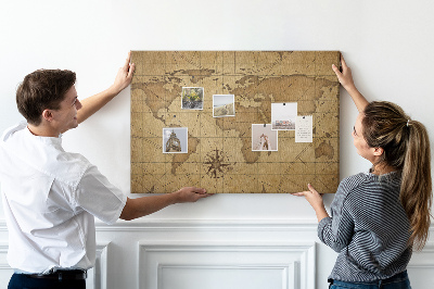 Korktafel mit Motiv einer antiken Weltkarte mit Kompass