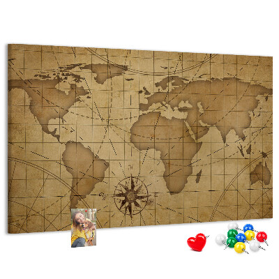 Korktafel mit Motiv einer antiken Weltkarte mit Kompass