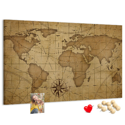 Korktafel mit Motiv einer antiken Weltkarte mit Kompass