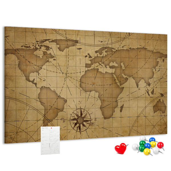 Korktafel mit Motiv einer antiken Weltkarte mit Kompass