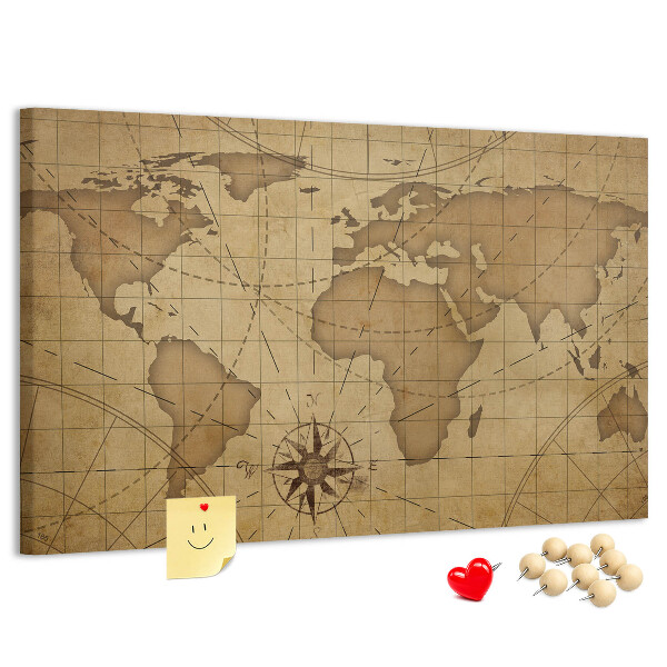 Korktafel mit Motiv einer antiken Weltkarte mit Kompass