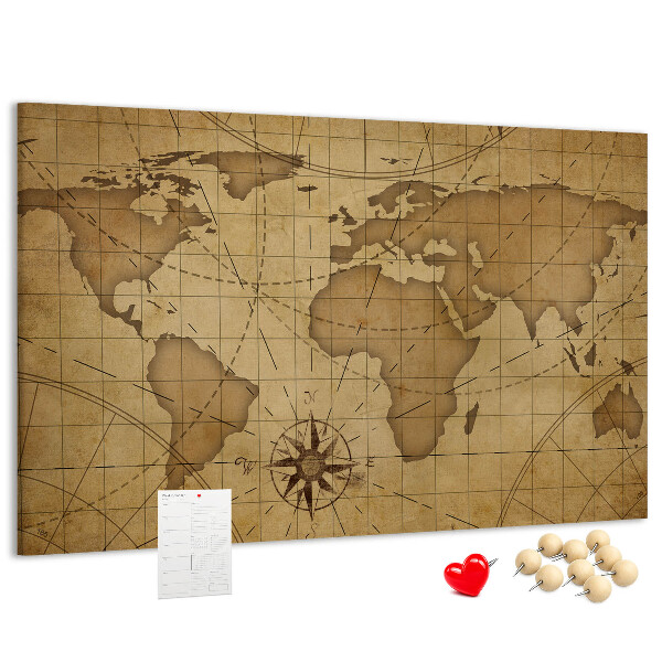 Korktafel mit Motiv einer antiken Weltkarte mit Kompass