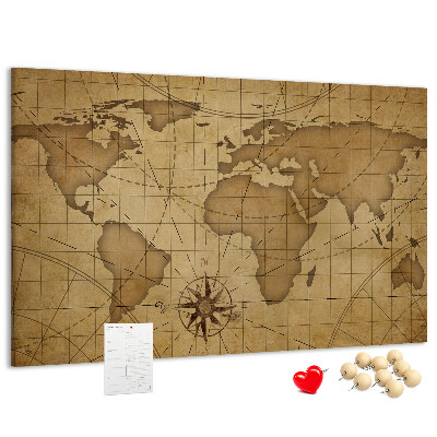 Korktafel mit Motiv einer antiken Weltkarte mit Kompass