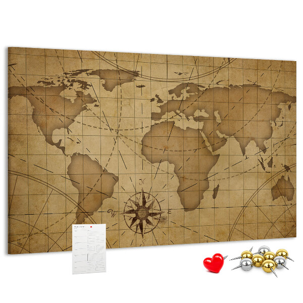 Korktafel mit Motiv einer antiken Weltkarte mit Kompass