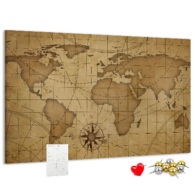 Korktafel mit Motiv einer antiken Weltkarte mit Kompass