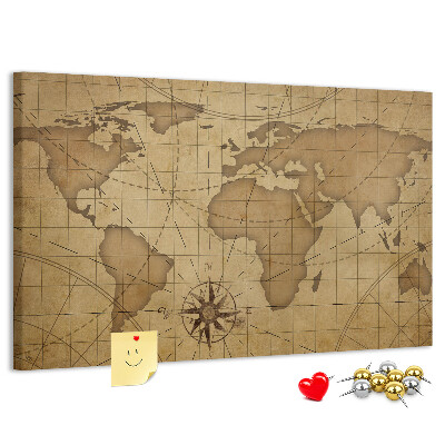 Korktafel mit Motiv einer antiken Weltkarte mit Kompass