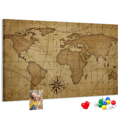 Korktafel mit Motiv einer antiken Weltkarte mit Kompass