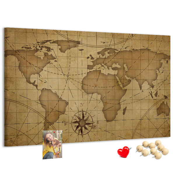 Korktafel mit Motiv einer antiken Weltkarte mit Kompass