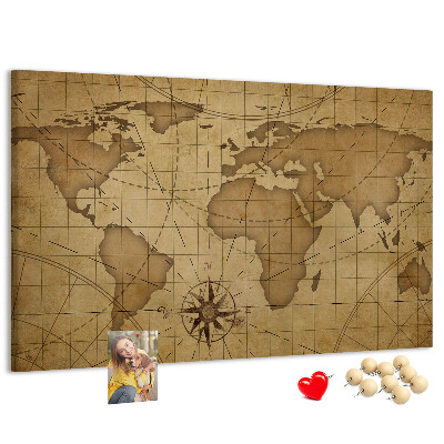 Korktafel mit Motiv einer antiken Weltkarte mit Kompass