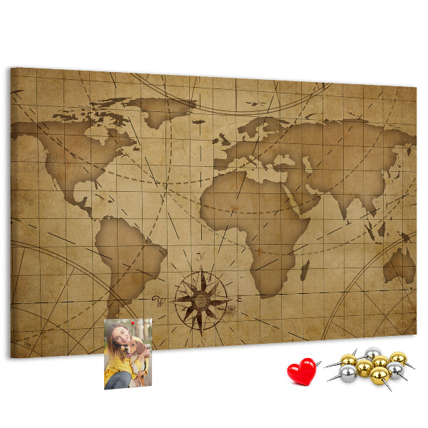 Korktafel mit Motiv einer antiken Weltkarte mit Kompass