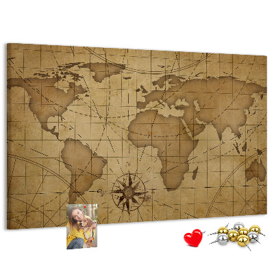 Korktafel mit Motiv einer antiken Weltkarte mit Kompass