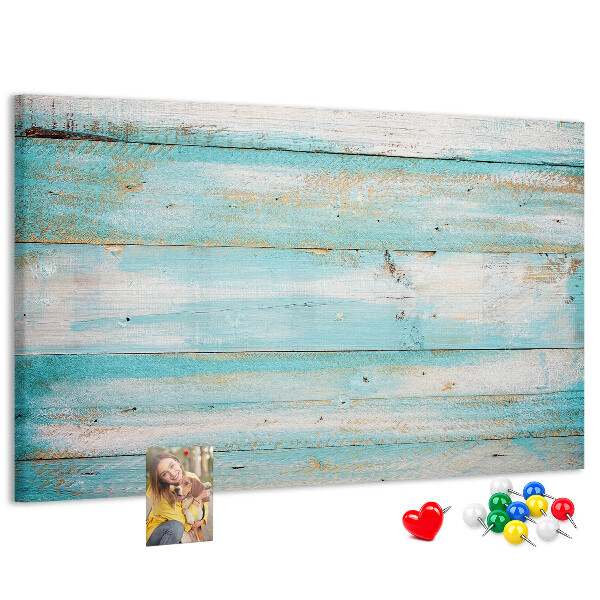 Holzbrett mit Korkrückwand in Blautönen