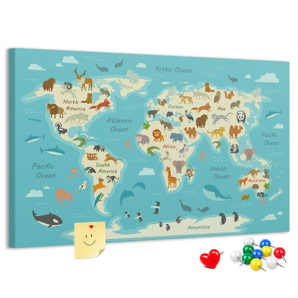 Korktafel Weltkarte mit Wildtieren