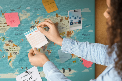 Korktafel Weltkarte mit Wildtieren