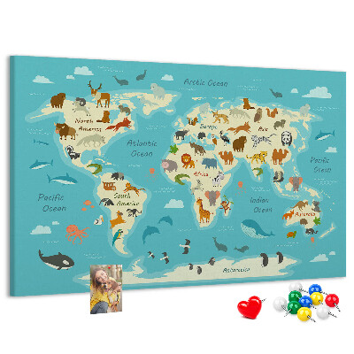 Korktafel Weltkarte mit Wildtieren