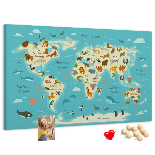 Korktafel Weltkarte mit Wildtieren