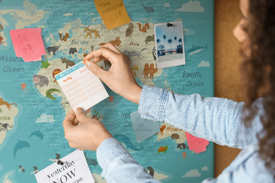 Korktafel Weltkarte mit Wildtieren