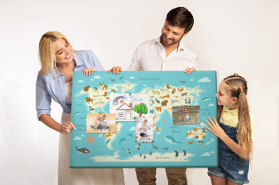 Korktafel Weltkarte mit Wildtieren