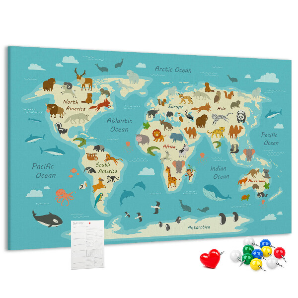 Korktafel Weltkarte mit Wildtieren