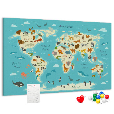 Korktafel Weltkarte mit Wildtieren