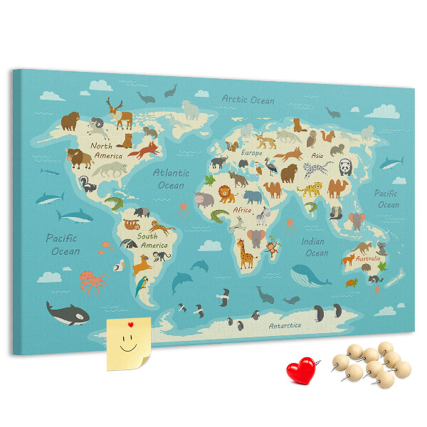 Korktafel Weltkarte mit Wildtieren