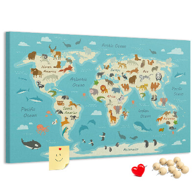 Korktafel Weltkarte mit Wildtieren