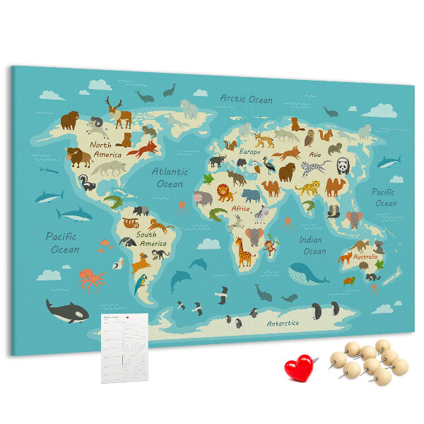 Korktafel Weltkarte mit Wildtieren