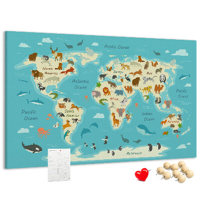 Korktafel Weltkarte mit Wildtieren