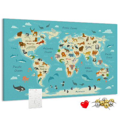 Korktafel Weltkarte mit Wildtieren