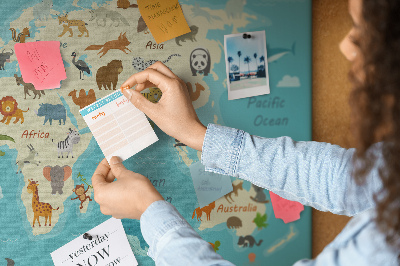 Korktafel Weltkarte mit Wildtieren