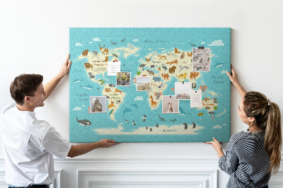 Korktafel Weltkarte mit Wildtieren