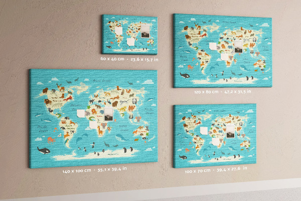 Korktafel Weltkarte mit Wildtieren