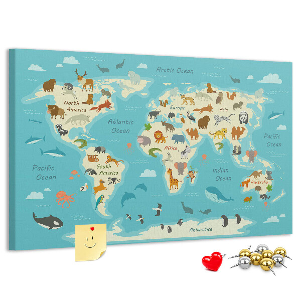 Korktafel Weltkarte mit Wildtieren