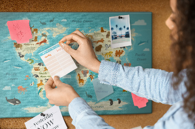 Korktafel Weltkarte mit Wildtieren
